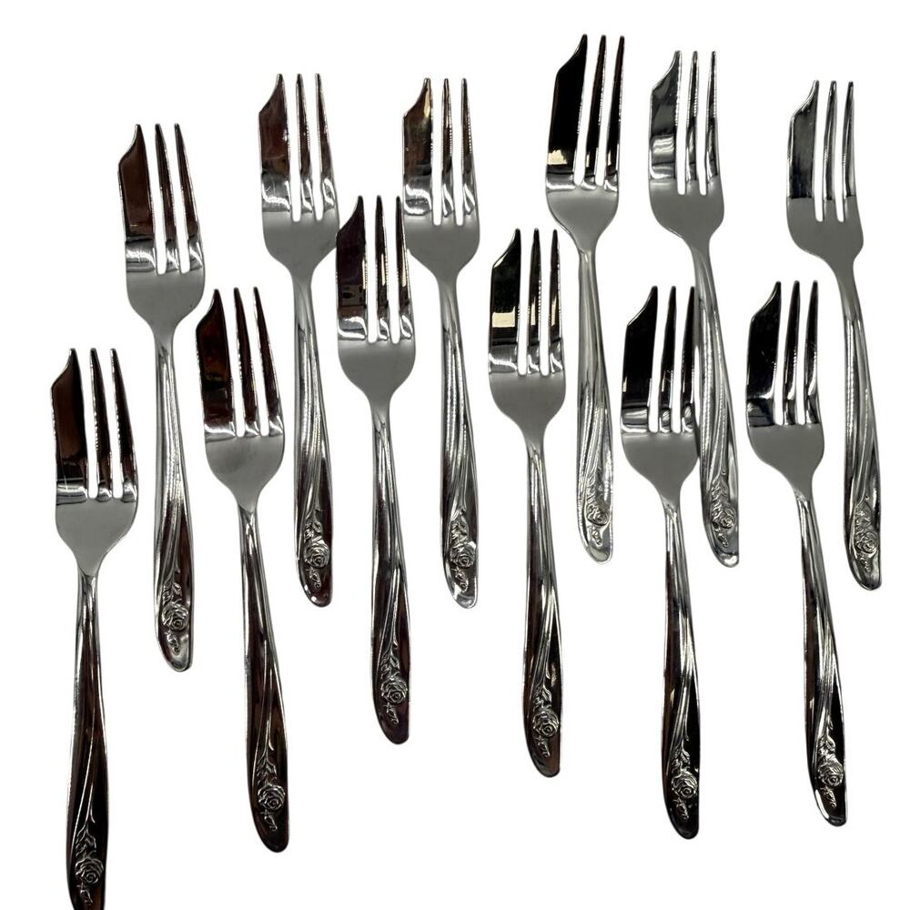 Oneida Roseanne Stainless Pastry Forks Vintage Floral Rose 7 Inch Set of 12